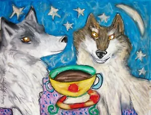 WOLVES Drinking Coffee Original 9x12 Pastel Painting Signed Artist KSams Wolf - Picture 1 of 1