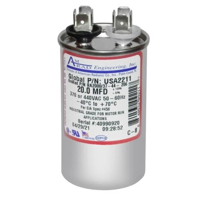 AmRad USA2211 Round Run Capacitor 20 uF MFD 370 / 440 Volt Made in USA