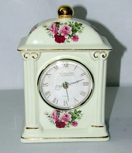 BAUM BROTHERS FORMALITIES VICTORIAN ROSE CERAMIC & GOLD TRIM QUARTZ MANTEL CLOCK - Picture 1 of 10