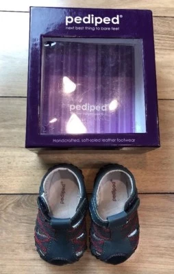 Sz NB 0-6 Mo PEDIPED Aaron Navy & Red Infant Baby Crib Shoes All Leather Soles  - Image 1 of 4