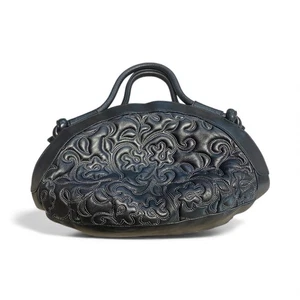 Vintage US Duty Free schwarze japanische bestickte Ledertasche Damen - Bild 1 von 12