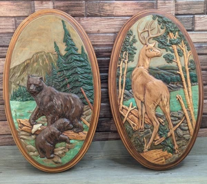 Holland Form Keramik Hirsch & Bär Wandbehang Set (2) MCM Kunst Dekor 16"x9,5" - Bild 1 von 24