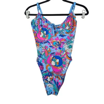 Купальник цельный Kate Spade M синий цветочный на косточках ретро опрятный прибрежный пляж - Изображение 1 из 4