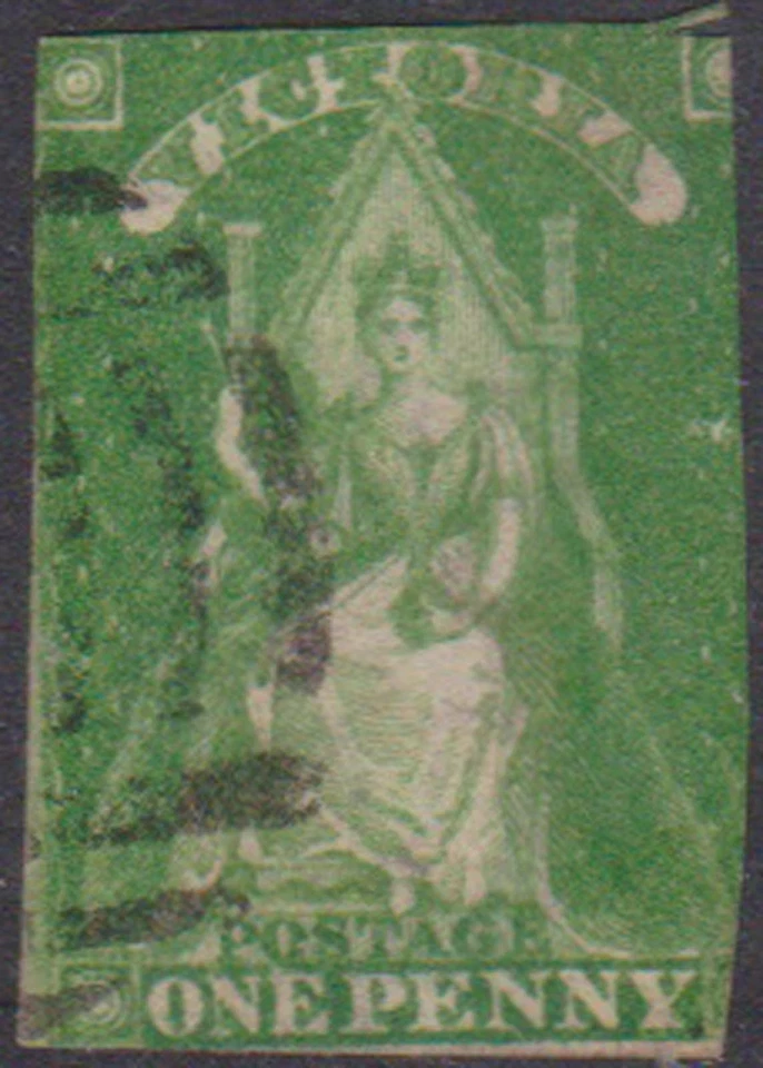 (F73-72) 1856 VIC 1d selo verde rainha no trono (BV)  - Imagem 1 de 1