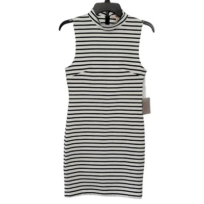 Forever21 Black Cream Striped Dress NEW Midi Stretch Bodycon Sleeveless Womens S - Image 1 of 4