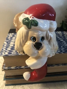 Vintage HOL Christmas Ceramic Dog Puppy Stocking Hanger Shelf Sitter 1985 - Picture 1 of 13