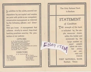 1931 Bonham Texas PRIMER BANCO NACIONAL Zac Smith SCARBOROUGH HALSELL POZOS GAS - Imagen 1 de 1