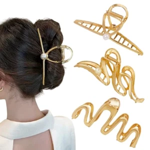 3 PCS Gold Metal Hair Claw Clips for Thick Long Hair, 4.3" Wave Cross Geometric - Picture 1 of 12