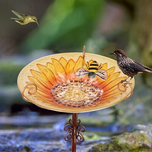 Glass Pedestal Bird Bath for Outdoor Garden Wild Bird Feeder w/ Metal Stake - Picture 1 of 10