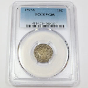 1897 S PCGS VG8 | Silver Barber Dime US Coin #43884A - Picture 1 of 2