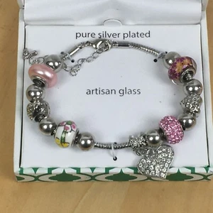 Dazzling Designs Multi Bead Silver Plated Bracelet pink flowers heart - Picture 1 of 5