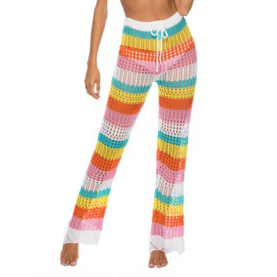 High Waist Crochet Net Hollow Out Beach Pants Rainbow Beachwear Trousers - Image 1 of 4