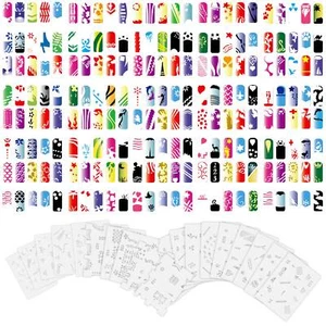 Set 12 360 Airbrush Nail Art STENCIL DESIGNS 20 Template Sheets Kit Brush Paint - Picture 1 of 5