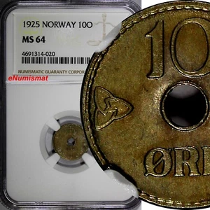 NORWAY Copper-Nickel 1925 10 ORE NGC MS64 TOP GRADED COIN BY NGC KM# 383 (20) - Picture 1 of 4