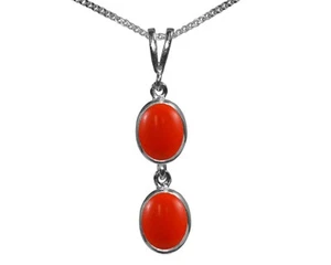 9ct Oro Blanco Natural Melocotón Coral Doble Ovalado Cadena y Colgante Británico - Imagen 1 de 4