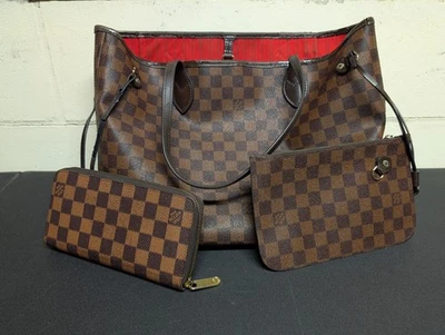 Louis Vuitton Bundle Neverfull Tote MM Brown Canvas Damier Pouchette & Wallet - Image 1 of 4