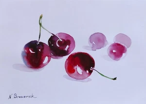 Original neues handgefertigtes Aquarell Bild rote Kirschen Stillleben Beeren Geschenk - Bild 1 von 1