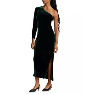 Polo Ralph Lauren One-Shoulder Velvet Dress in Green Size 4 - Picture 1 of 12