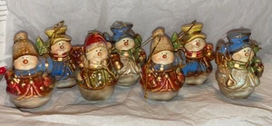 7 Vintage Ceramic Snowmen Ornaments ~3” w/hats Trees Bells Gifts Scarf Gold Trim - Picture 1 of 10