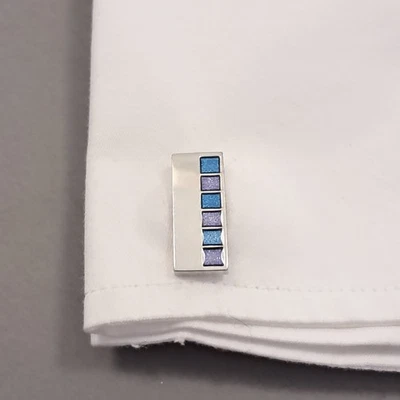 Vintage cufflinks Silver Rectangle Cufflinks with blue and mauve design LL-321 - Image 1 of 3