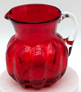 Hand Blown Ruby Red Art Glass Creamer Applied Clear Handle Melon Shape - Picture 1 of 12