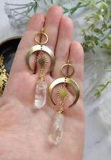 Sun Moon Star Earrings Quartz Crystal Dangle Women Crescent Goth Jewelry Gifts