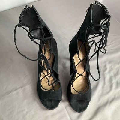 Vince Camuto Sandria 9M Black Peep Toe Lace Up High Heel Sandals Shoes - Image 1 of 4