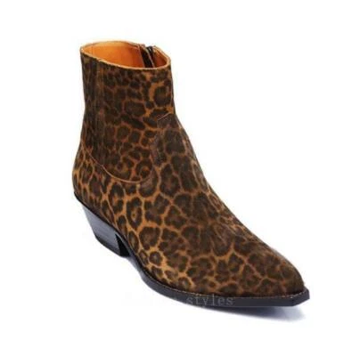 Hombres Cuero Real Leopardo Estampado Chelsea Botines Punta Punta Punta Punta Zapatos Discoteca Foto 1 de 4