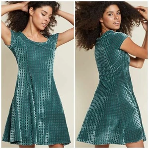 New ModCloth Fervour Velvet Vibes Skater Dress Teal Size XXS Burnout Square (B30 - Picture 1 of 8