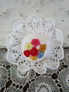 Vintage Pin Cushion Crochet Flowers Lacy White Red yellow blue flowers - Picture 1 of 5