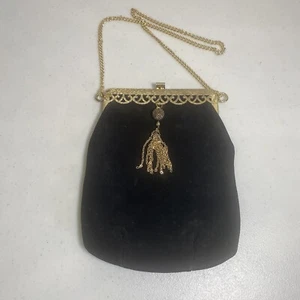 Vintage Evening Purse Faux Black Suede Gold Ornate Trim Tassel Chain Strap - Picture 1 of 7