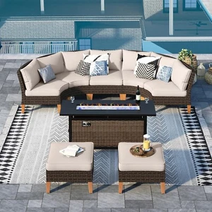 8Pcs Patio Furniture Set Outdoor Wicker Rattan Conversation Set w/Fire Pit Table - Picture 1 of 10