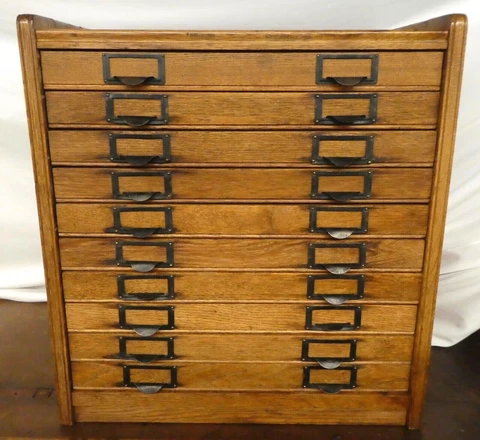 Antique OAK 10-DRAWER  FLAT FILE CABINET. Label Holder Handles. 23"H x21"W x17"D Cover