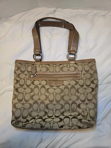 Vtg Coach Shoulder Tote Bag Hampton Signature Logo Textile Brown Leather Handbag - Picture 1 of 16
