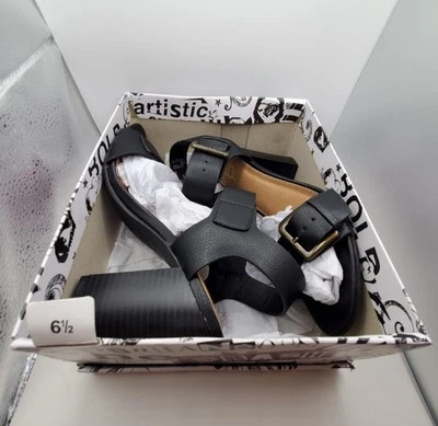 Sandalia Brash Trina negra tacón grueso bloque TALLA 61/2 punta abierta hebilla nueva en caja Foto 1 de 4