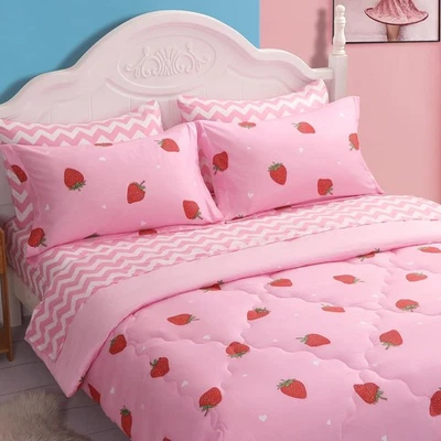 Strawberry Comforter Bedding Set Twin Size for Girls 7 Piece Pink Kawaii - Imagem 1 de 4