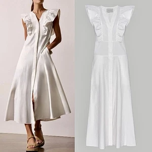 NEW Brochu Walker The Aurora Ruffle Midi Dress Pockets Cotton White Women Size L - Picture 1 of 12