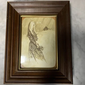 Original Drawing Woman In Field Holding Flowers Romantic Wooden Easel Frame 9x5” - Picture 1 of 9