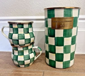 MacKenzie Childs Enamel Utensil Holder & 16 oz Mug Set Emerald Check - Picture 1 of 2