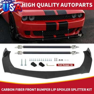 Carbon Fiber Front Bumper Lip For Ford Mustang Splitter Spoiler+Strut Rods - Image 1 of 4