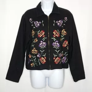 Vintage 90s Floral Embroidered Wool Jacket Coat S/M Zip Up Collared Tweed Black - Picture 1 of 5