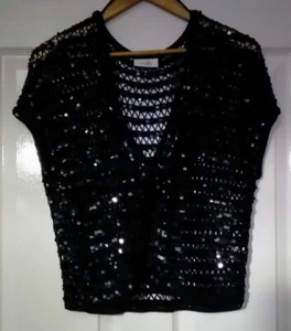 WALLIS PETITE Black Sequin Evening Jacket Unlined Cap Sleeves Size M Euro 42 - Picture 1 of 4