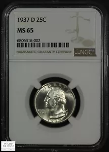 1937 D George Washington Silver Quarter 25C NGC MS 65 - Picture 1 of 4
