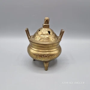 Vintage Brass Incense Burner With Lid, Handles, 3 Legs, Etching, 4.75" Tall - Picture 1 of 9