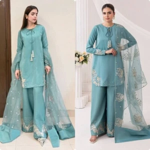 New Party Wear Sky Blue Natural Crepe Kurta Palazzo With Dupatta For Women - Picture 1 of 15