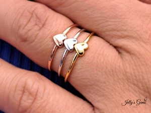 925 Sterling Silver Stacking Heart Shaped Thin Minimalist Ring Gold Rose Gold - Picture 1 of 10