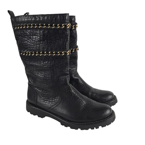 TORY BURCH Connell Stiefel 9M schwarz genarbtes Leder Kettenbesatz halbhoch Biker Motorrad - Bild 1 von 12