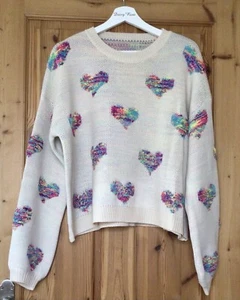 Women’s Boxy Style Beige Knitted Jumper With Colourful Heart Pattern L 12/14 - Picture 1 of 11