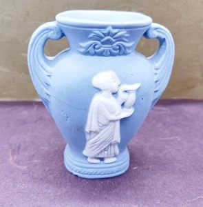 Vintage Jasperware Jasper Blue White Cameo Wedgwood Style Miniature Handle Vase - Picture 1 of 6