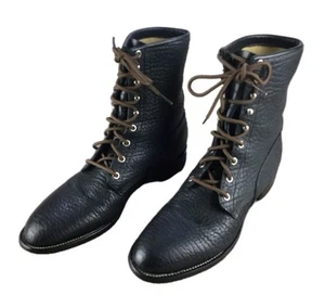 Justin 522 Boots Women Sz 11.5B Black Bull Hide Leather Lace Up Cowboy Western - Picture 1 of 15